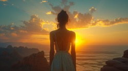A woman in a backless dress stands on a cliff at sunset, looking out over a vast landscape with mountains and a glowing sky, evoking peace and reflection.